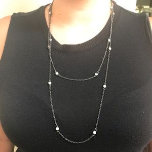 Silver Layered Necklace w Faux Diamond Accents